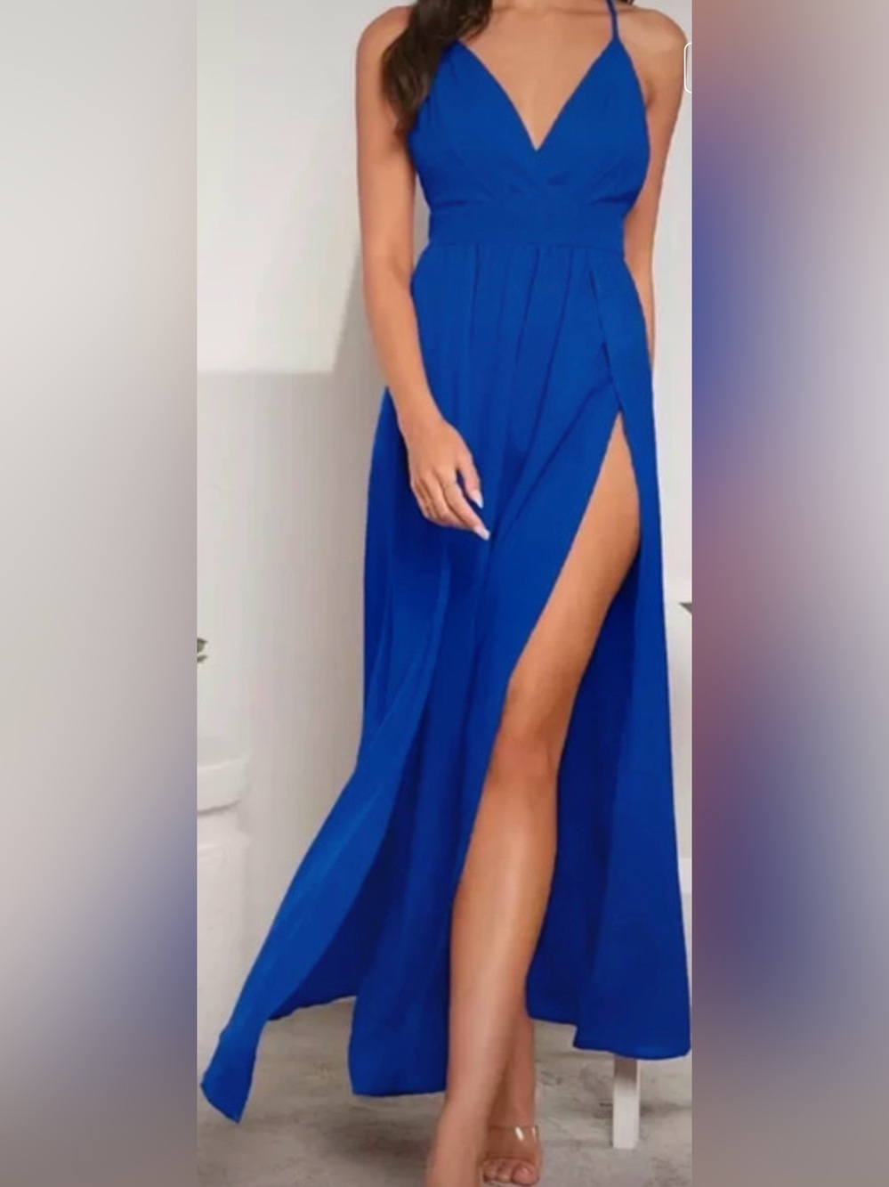 Blue V-Neck Slit Maxi Dress